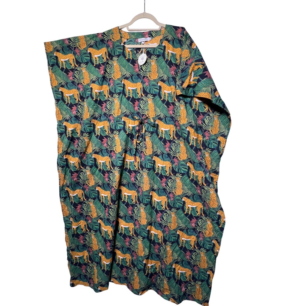 Mahogany Womens Kaftan Cheetah Tropical Jungle Print OS Green Black Maxi Dress